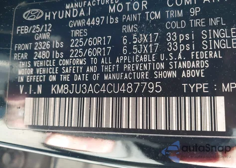 2012 Hyundai Tucson Gls из США, поврежденный, VIN KM8JU3AC4CU487795